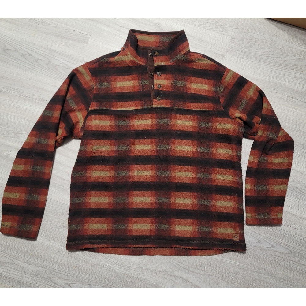 John Wayne Mens Fleece Pullover Plaid Button‎ Mock Neck Casual Outdoor L